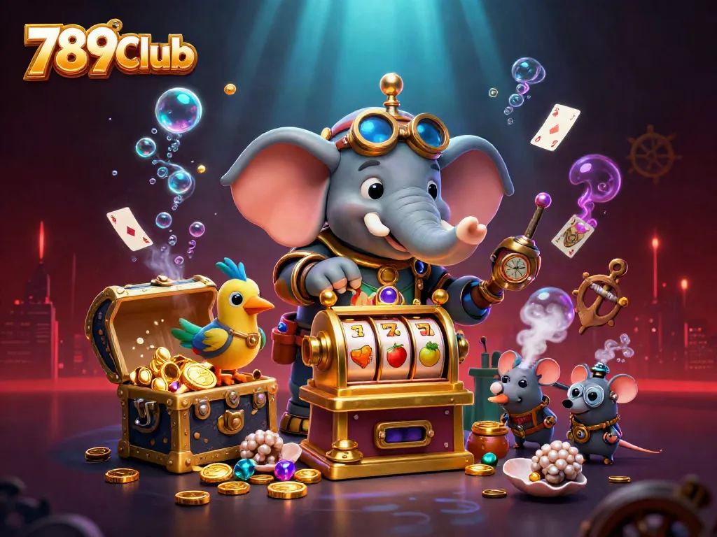 Experience thrilling gaming at 789Club with a vibrant slot machine scene featuring animated characters and immersive decorations.