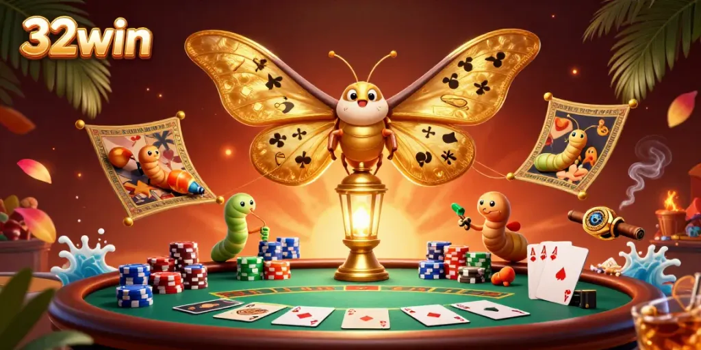 Experience exciting gaming at 32win with a vibrant casino illustration showcasing a moth and poker scenes.