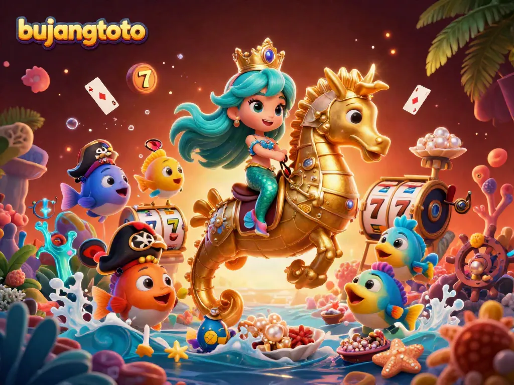 Bujangtoto's vibrant casino scene featuring a mermaid and seahorse in an underwater adventure.