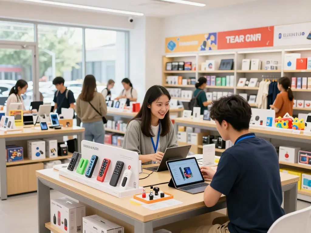 Shoppers exploring diverse products at SanumStore, a modern e-commerce retail environment.