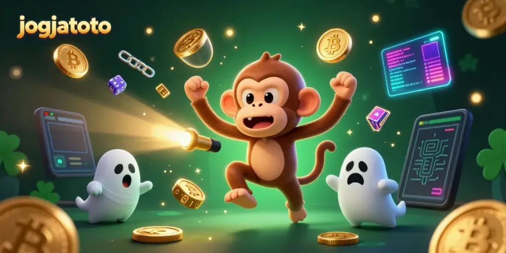 Engage with jogjatoto's thrilling scene featuring a playful ghostly monkey juggling coins in a casino.