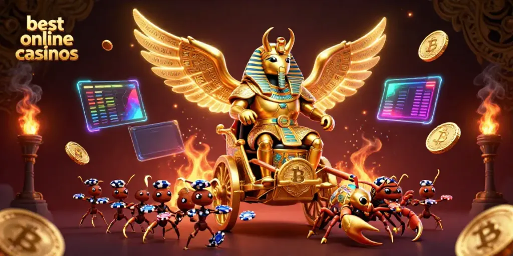 Engage with the best online casinos featuring an epic scene of a golden scarab beetle and scorpions in a casino adventure.