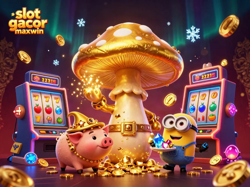 Join the fun with slot gacor maxwin, featuring vibrant slot machines and magical characters in a rich 3D scene.