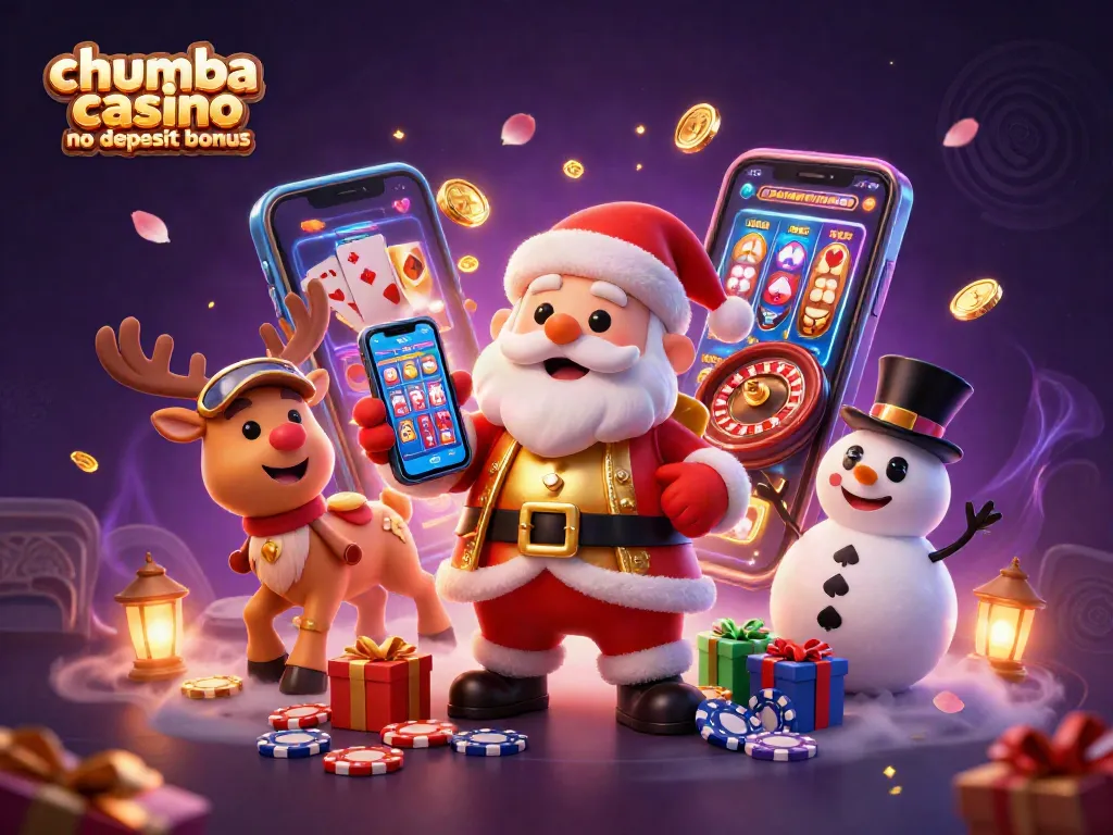 Engage with the chumba casino no deposit bonus for thrilling slot gameplay, featuring Santa and festive characters.