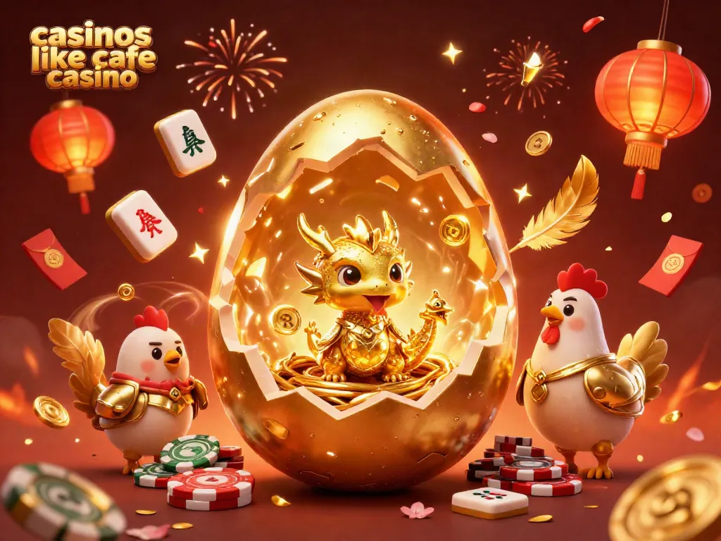 Experience fun at casinos like cafe casino with a golden dragon and poker chips amidst vibrant celebrations.