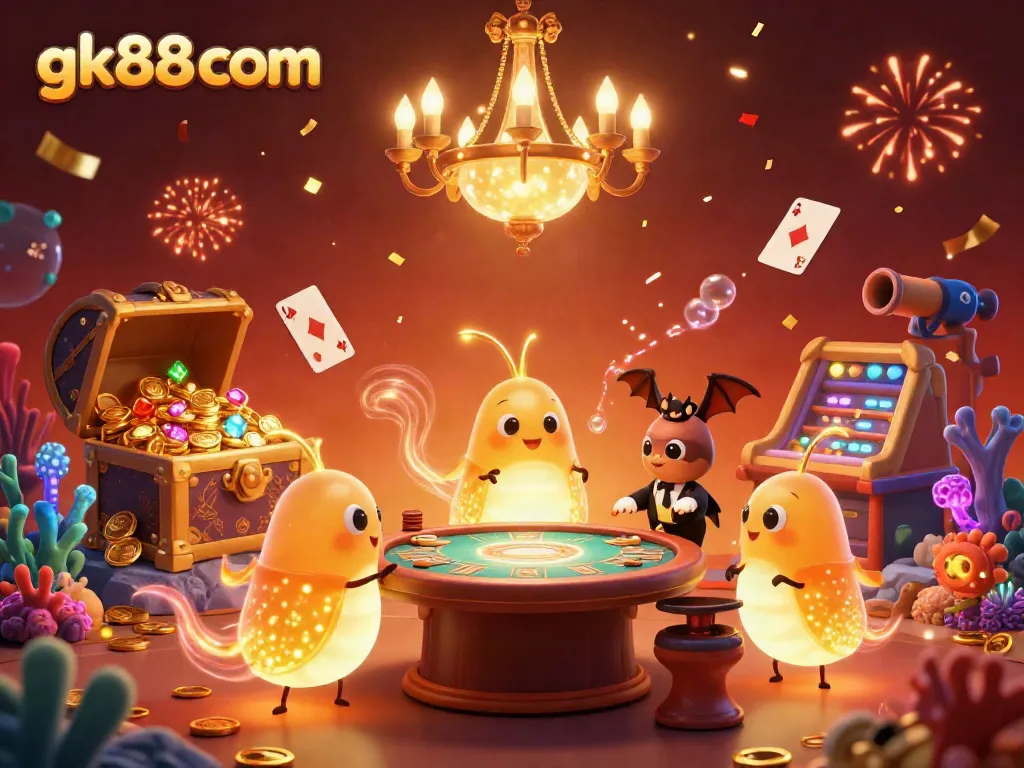 Play thrilling games at gk88 com amidst vibrant glowworms lighting up a lively casino atmosphere.