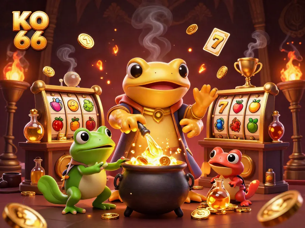 Engage in the exciting KO 66 casino world, where golden coins and slot reels create a thrilling atmosphere.
