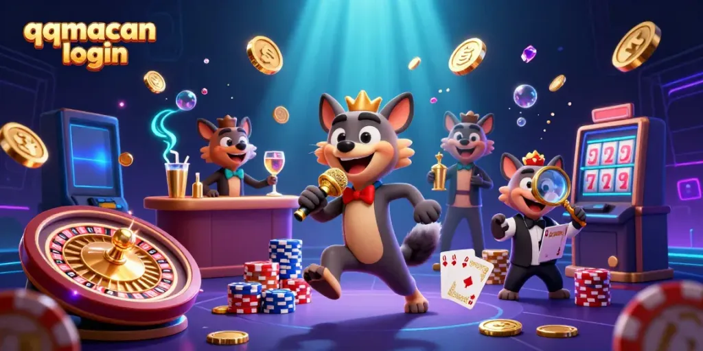 Experience excitement at QQMacan login with animated hyenas in a vibrant casino atmosphere.