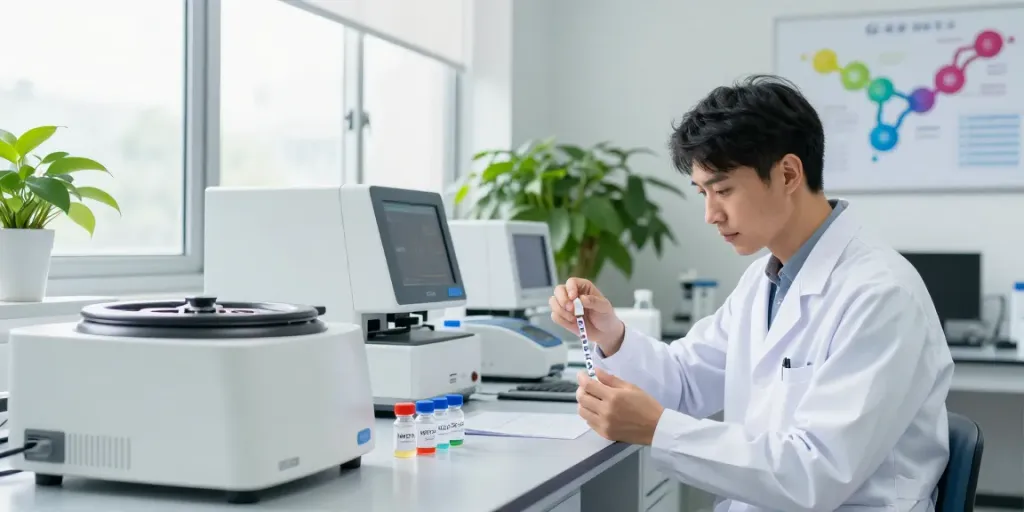 MOTS-C peptide price analysis in a modern lab setting with scientists examining samples.