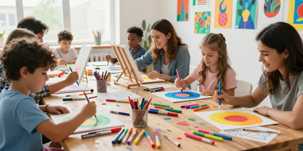 Children and adults using markers wholesale in a vibrant art studio