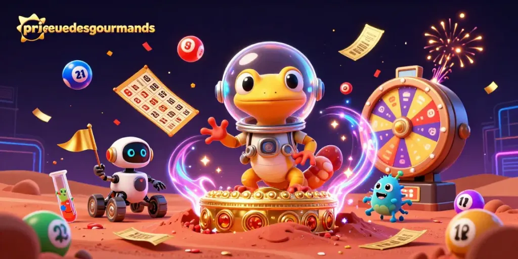 Experience thrilling gameplay at prieuredesgourmands casino, where animated Martian gecko explores a golden gambling world.