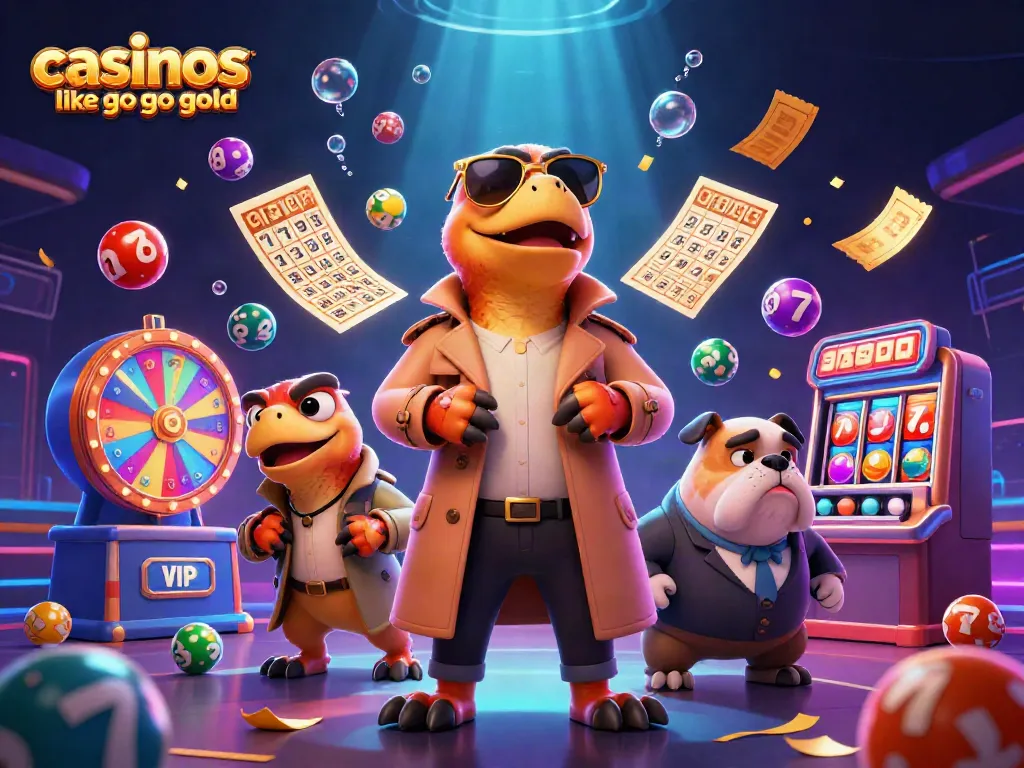Play in casinos like Go Go Gold with raptors trying to enter a VIP lounge amid vibrant gaming elements.
