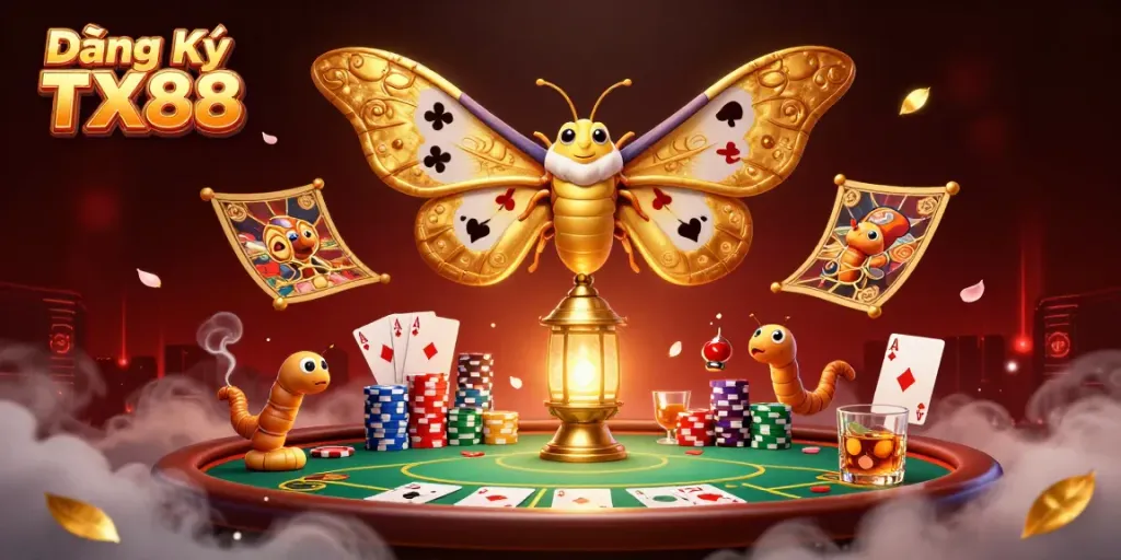 Engage in thrilling gameplay with Đăng Ký TX88 at an enticing casino scene showcasing vibrant poker elements.