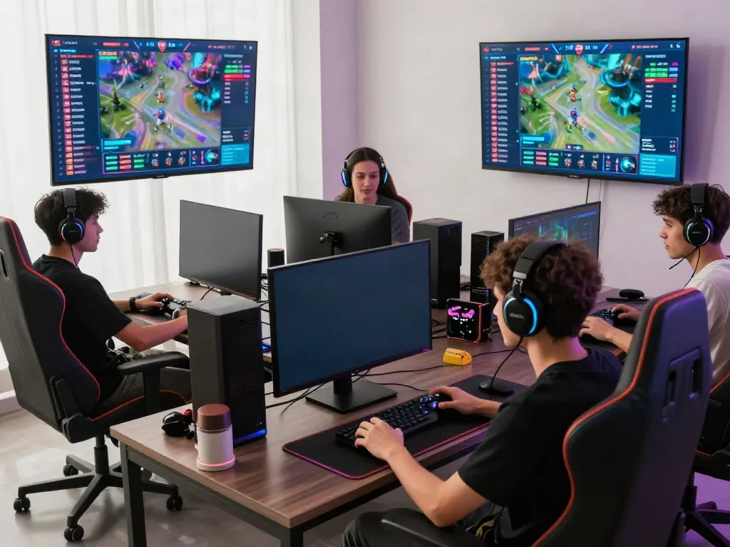 Group enjoying a digital gaming session on bro138, featuring modern gaming setup and vibrant atmosphere.