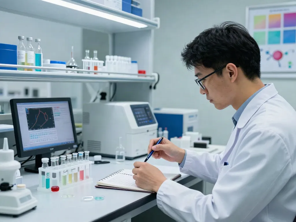 Scientist examining SS-31 Elamipretide for sale in a lab with precision equipment.