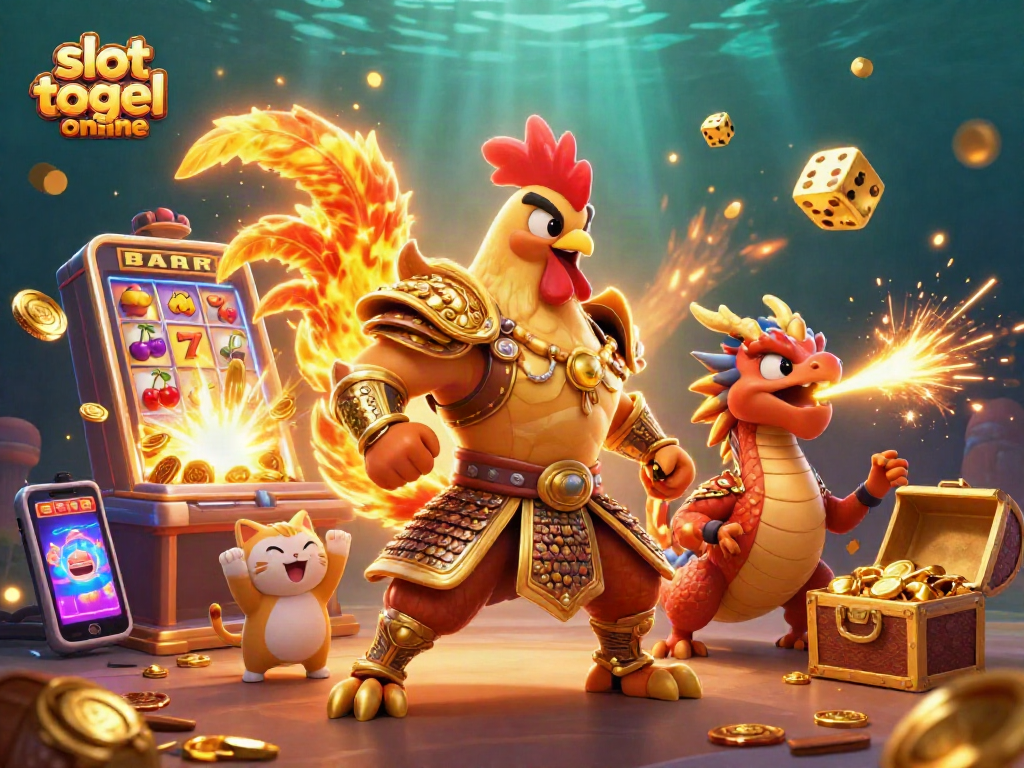 Permainan slot togel online dengan karakter ayam jantan pejuang dan naga berarmor, menghasilkan koin mengkilap.