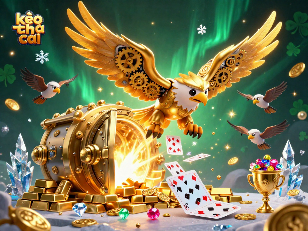 Experience kèo nhà cái glamorously with a golden eagle diving through casino treasures.