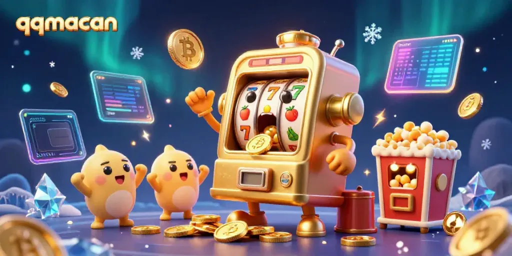 Experience the thrills of qqmacan with a vibrant scene of a winning cartoon slot machine and cheering baby machines.