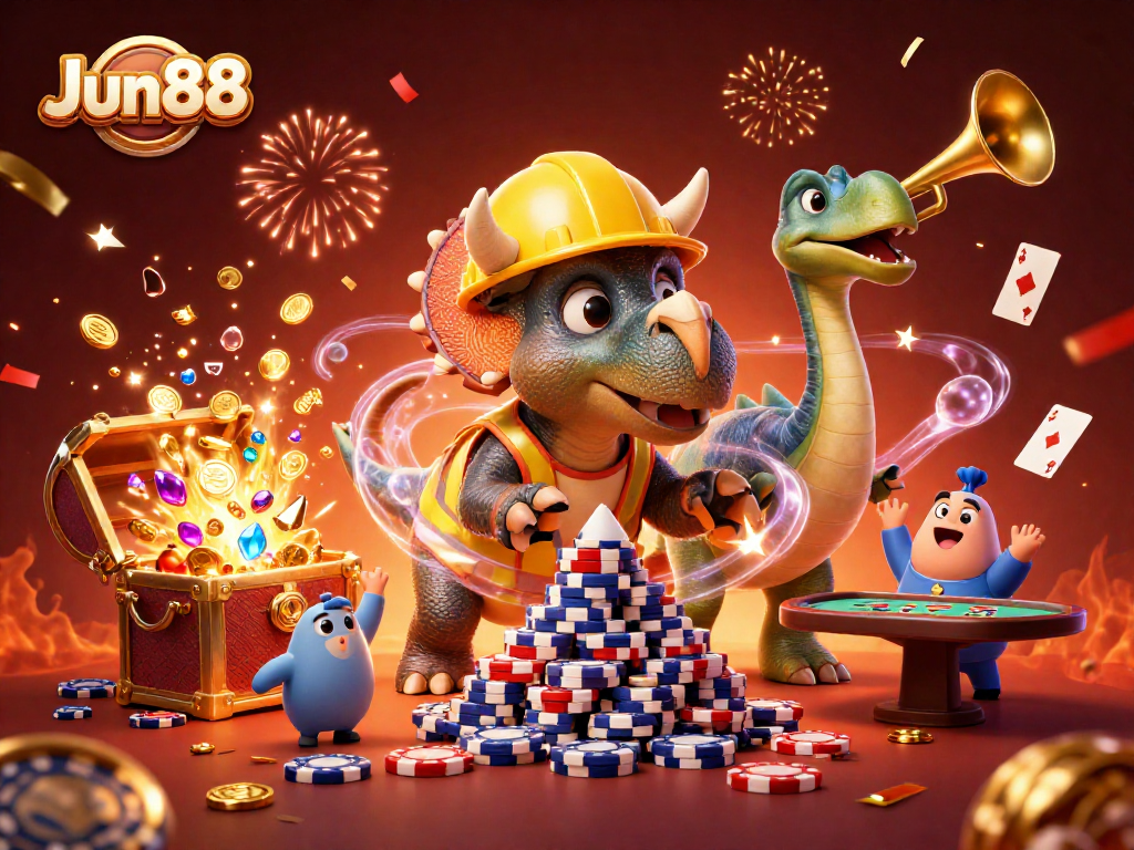 Experience an exciting gaming atmosphere at Jun88 with a lively scene of a triceratops building poker chips.