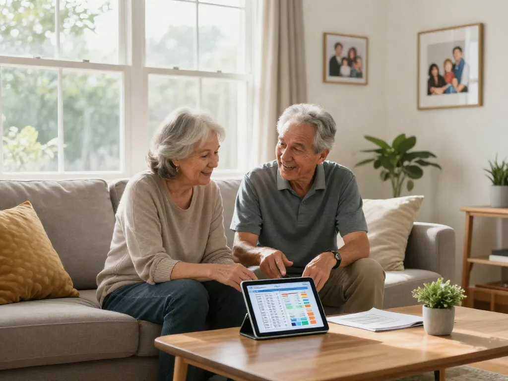 Older couple discussing which banks offer reverse mortgages in Australia in their cozy home.