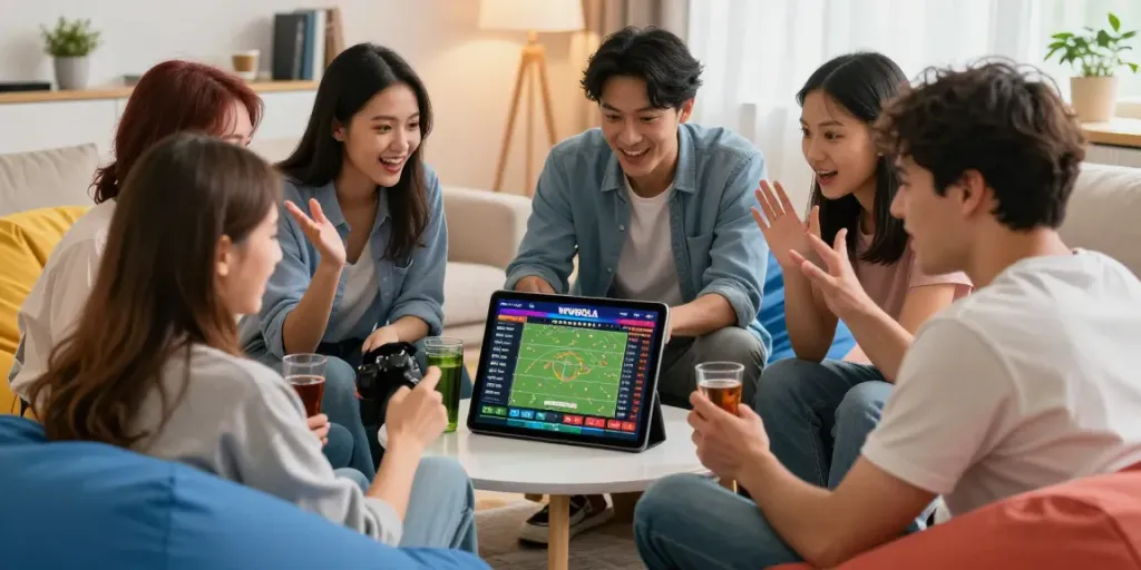 Group enjoying sports betting on WWBOLA's platform in a lively setting.