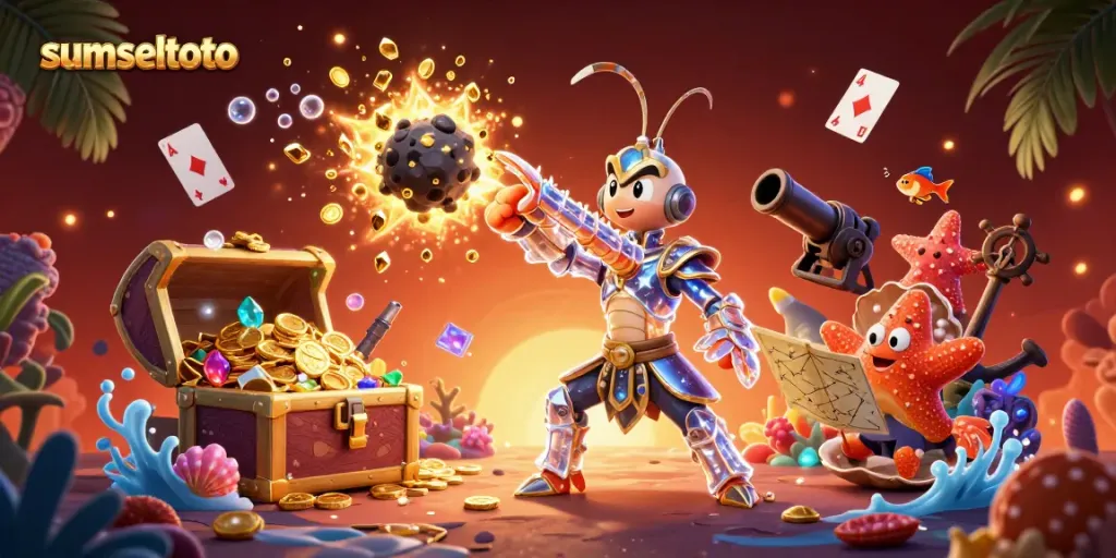 Engage with sumseltoto through vibrant 3D imagery of a galactic samurai mantis shrimp and treasure-filled underwater scene.