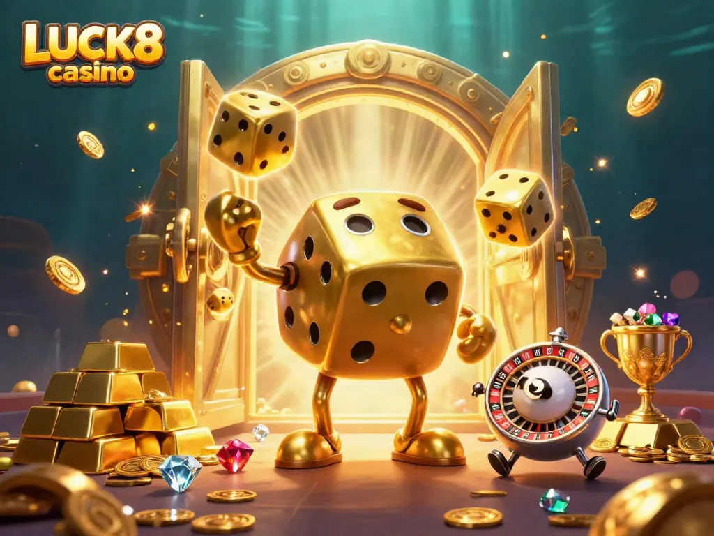 Engage in winning at LUCK8 casino with a vibrant scene featuring golden dice and treasures.