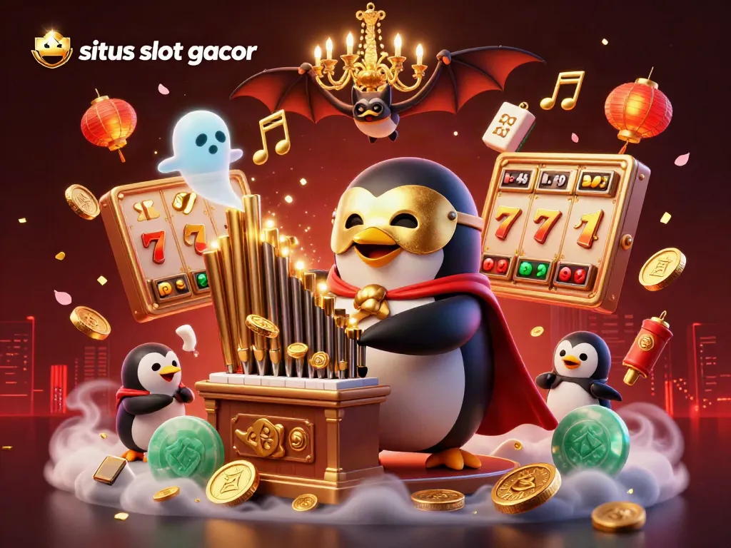 Engage with the vibrant situs slot gacor scene featuring a whimsical penguin and dynamic casino elements.