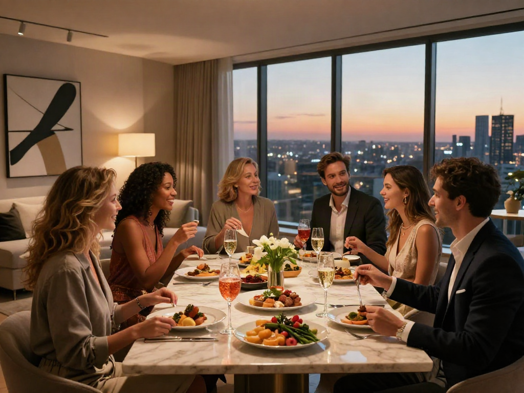 suasana pesta makan malam mewah luxury111 di penthouse modern dengan pemandangan kota