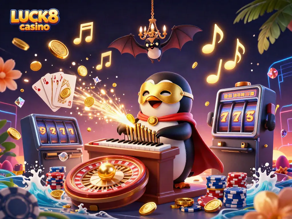 Experience the thrill of LUCK8 casino with a vibrant 3D scene of a penguin musician, coins, and games.
