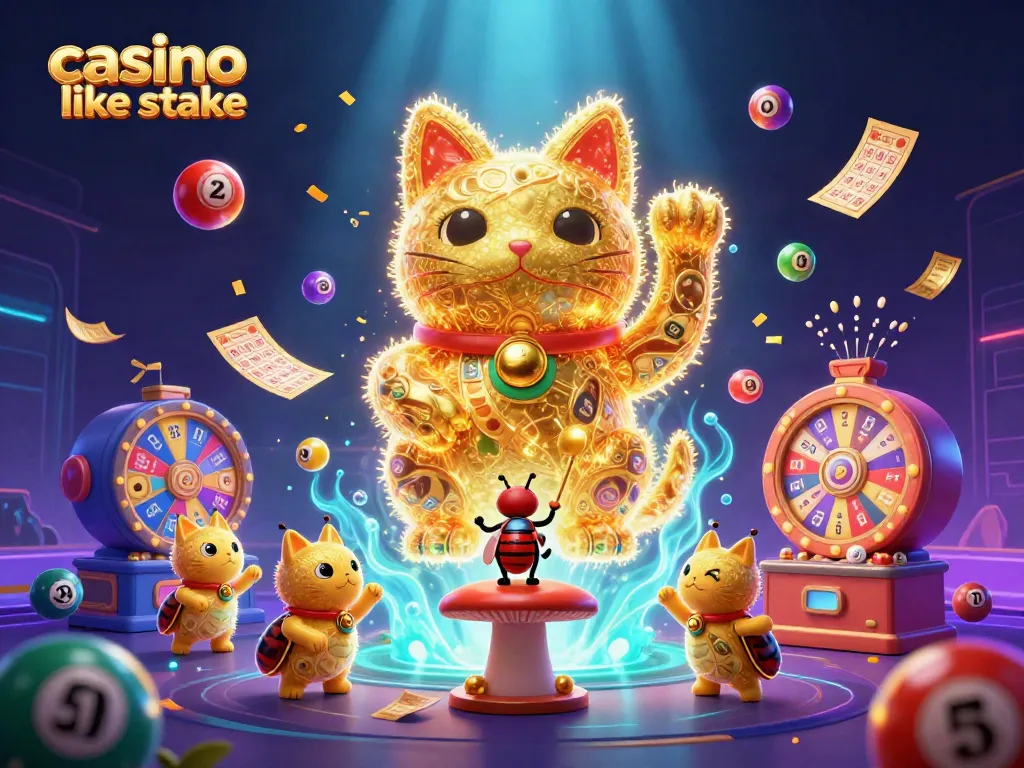 Enjoy the thrill of gaming with casino like Stake, featuring a vibrant lucky cat and dynamic lottery elements.