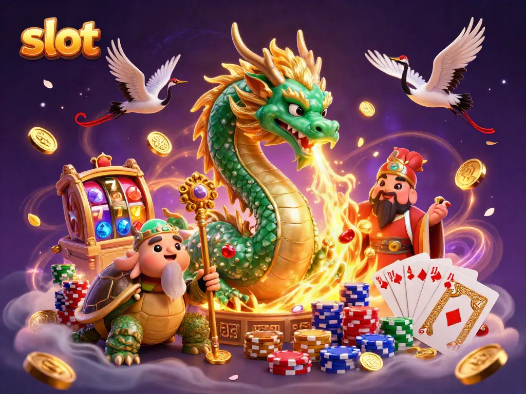 Experience thrilling slot action with a jade dragon, turtle sage, and lucky cranes.