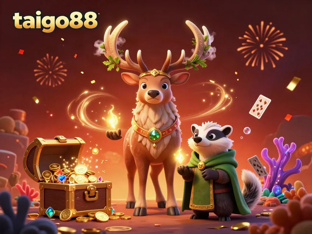 Experience the excitement at taigo88 with a 3D illustration of a Celtic druid stag and badger among treasures.