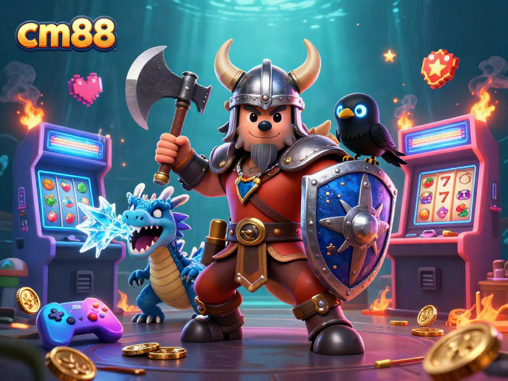 Bet on cm88 with cartoon characters surrounded by colorful slot game elements and vibrant visuals