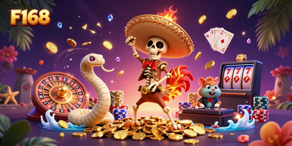 Experience F168's vibrant casino adventure with a lively mariachi rooster, mummy snake, and DJ hamster.