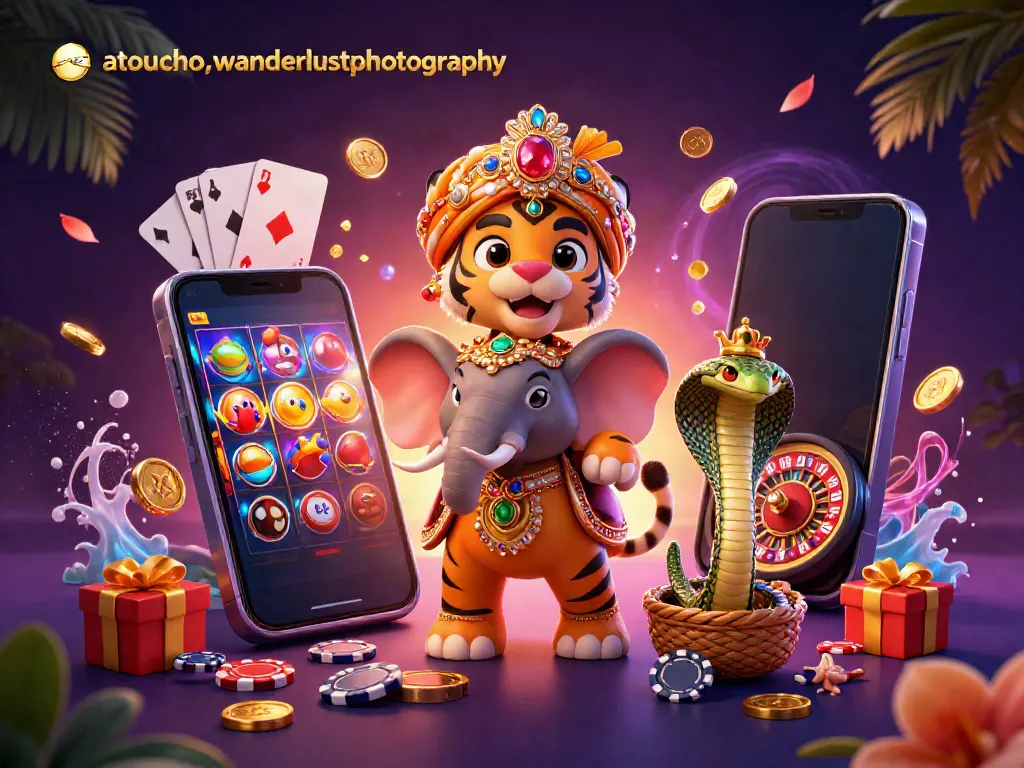 Spin the reels and win with atouchofwanderlustphotography's vibrant casino illustration featuring a majestic tiger and jeweled elephant.