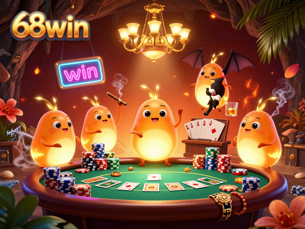 Engage in vibrant gameplay at 68win, illuminated by glowworms in a cave casino with poker tables and colorful chips.
