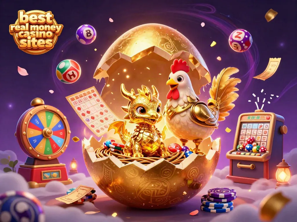 Experience the excitement at the best real money casino sites with a golden dragon on poker chips amid vibrant game elements.