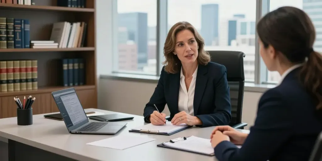 Legal consultation with Karen McCleave GTA, showcasing modern office setup with documents and client engagement.