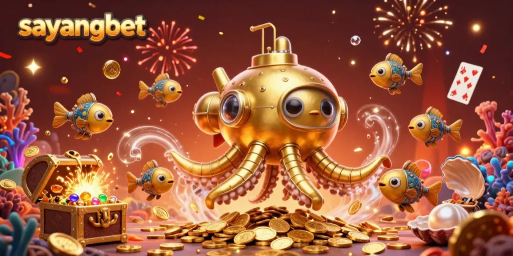 Sayangbet showcases vibrant underwater casino elements, featuring a kraken submarine navigating gold coins.