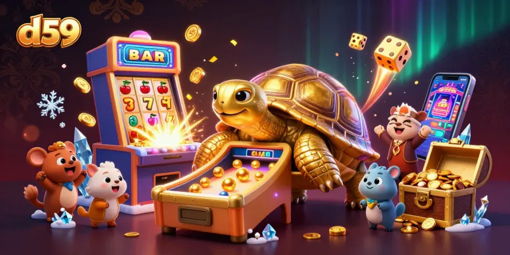 Experience exciting wins with the vibrant d59 casino featuring a golden tortoise, jackpot symbols, and gaming elements.