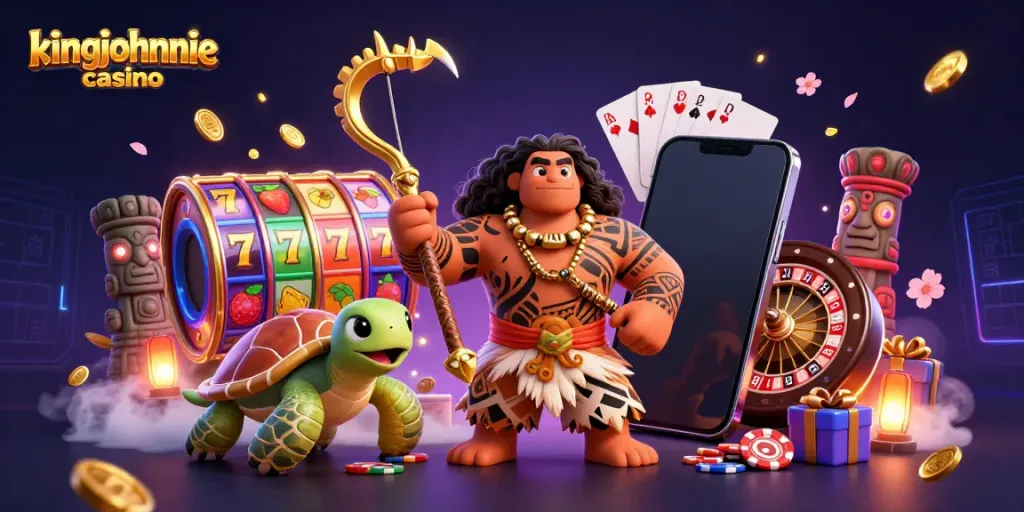 Engaging illustration showcasing kingjohnnie casino with vibrant slot game elements, demigod characters, and tropical ambiance.