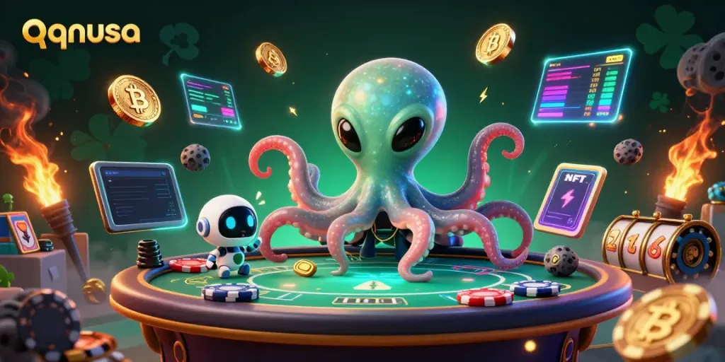 Engage with innovative qqnusa gaming at a cosmic poker table with colorful characters.