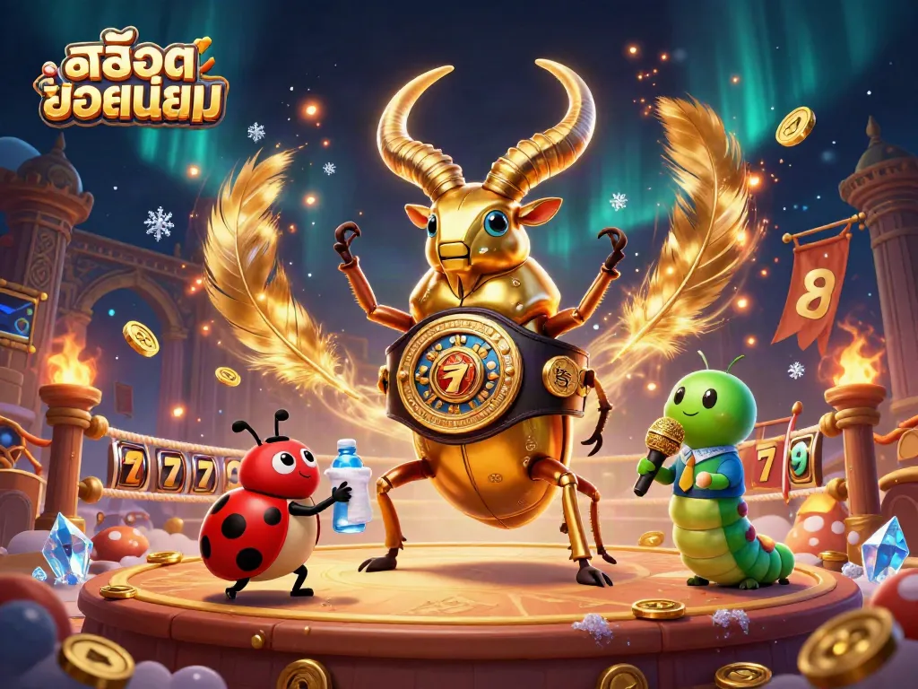 Engage with สล็อตยอดนิยม showcasing a golden stag beetle in a boxing ring, surrounded by lively casino elements.