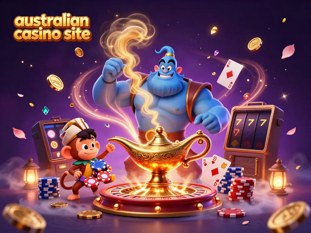 Engage with the vibrant scene of an australian casino site featuring a genie, monkey, and flying poker chips.