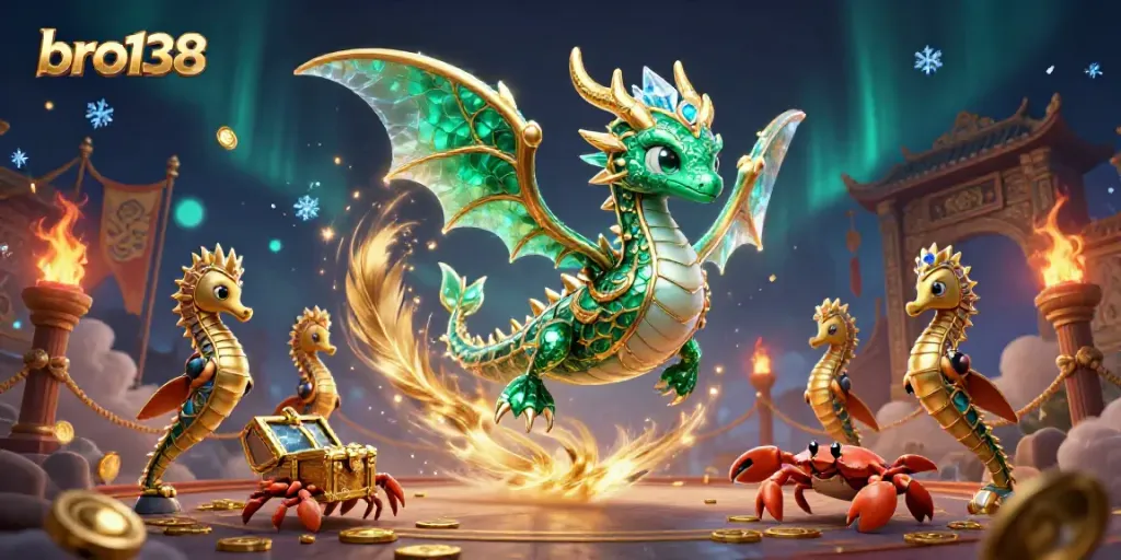 Play at bro138 to win big prizes surrounded by vibrant casino elements and mythical sea creatures.