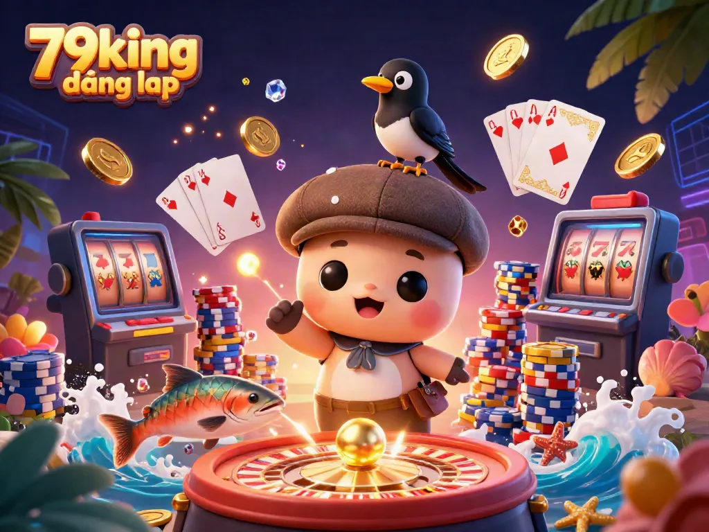 Play exciting casino games with 79king đăng nhập, featuring a vibrant 3D scene of Nessie, a mischievous magpie, and salmon.