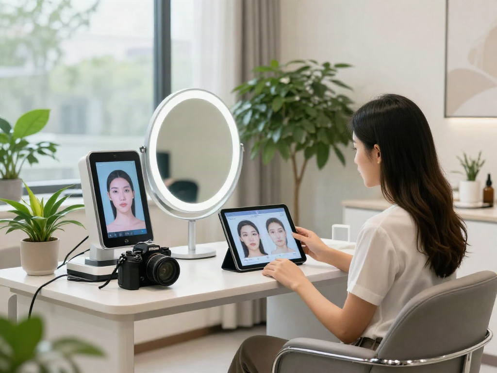ClinicEvo better than QOVES: woman analyzing facial features in a modern beauty consultation room.