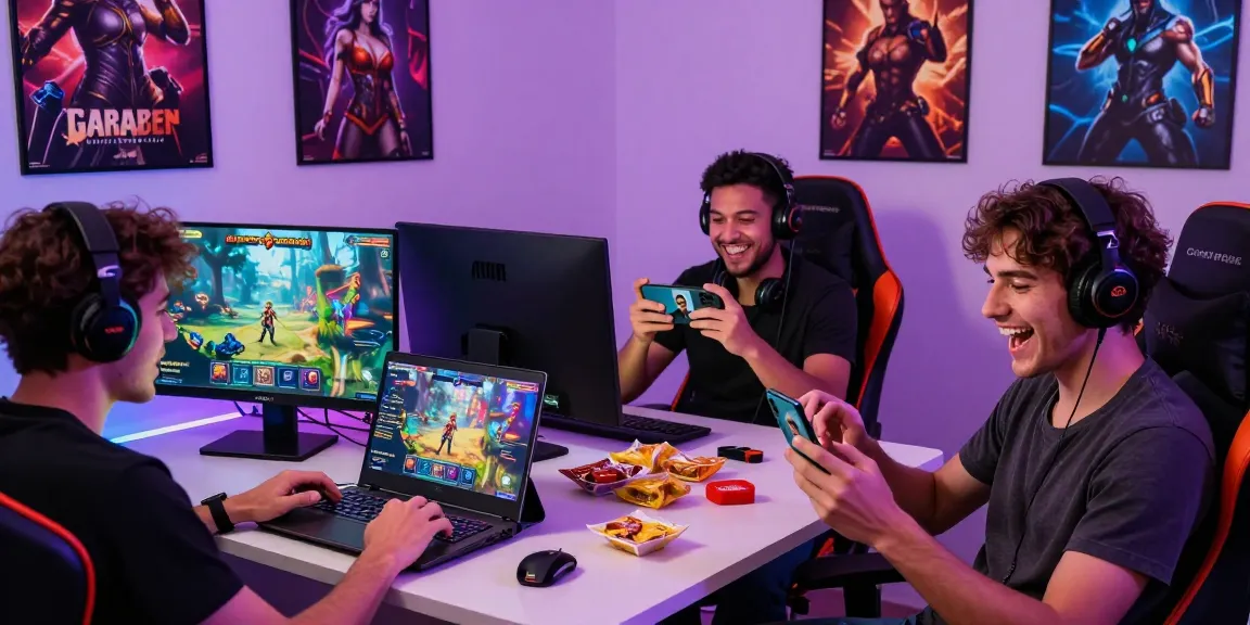 Players enjoying a dynamic porn game on various devices in a vibrant gaming room.