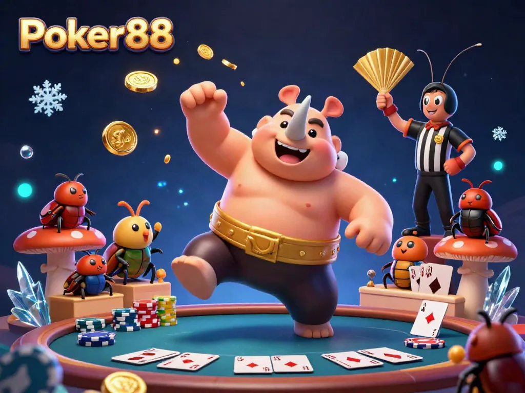 Experience Poker88 excitement with a cartoon beetle champion amidst poker tables and flying coins.